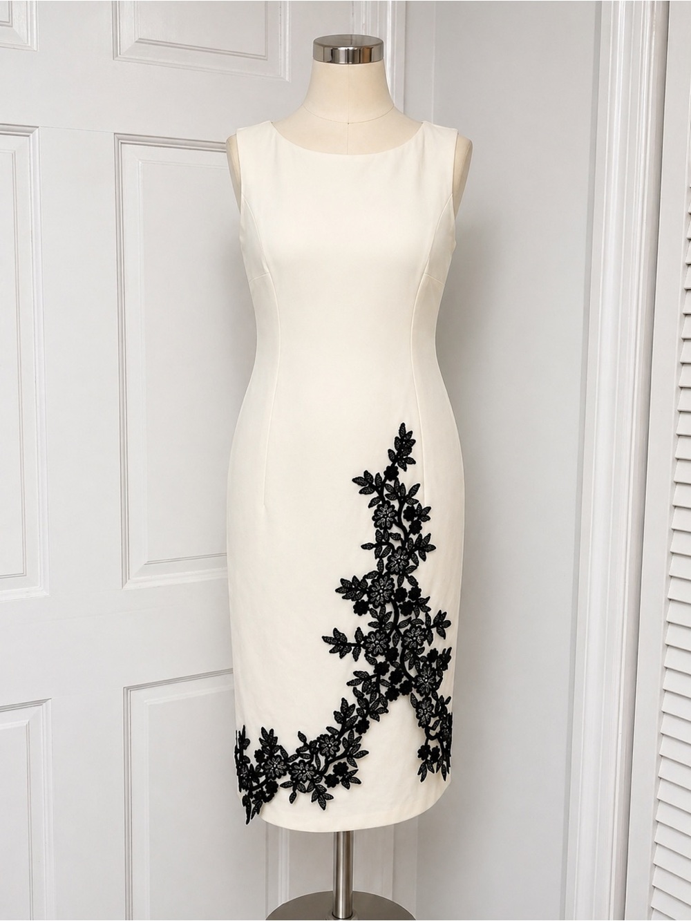 Ivanka Trump Cream Midi Dress with Black Floral Applique